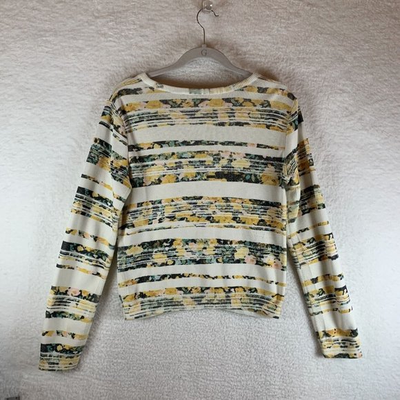 Anthropologie Moth Sweater Womens Medium White Striped Knit Floral Full Zip 7779 - Picture 7 of 8